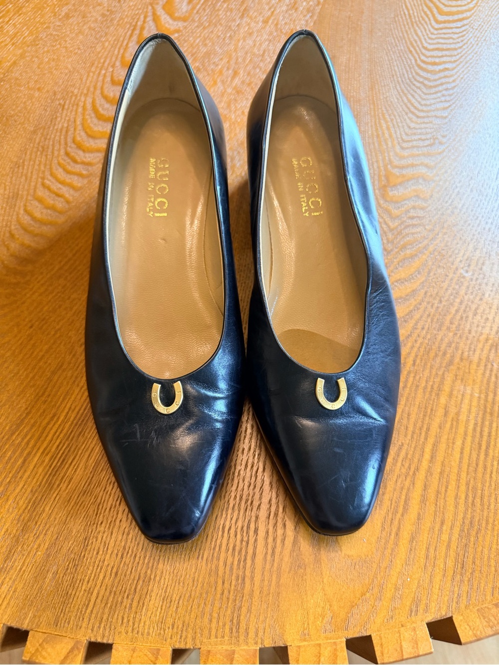 Gucci Black Leather Low Block Heel Pump